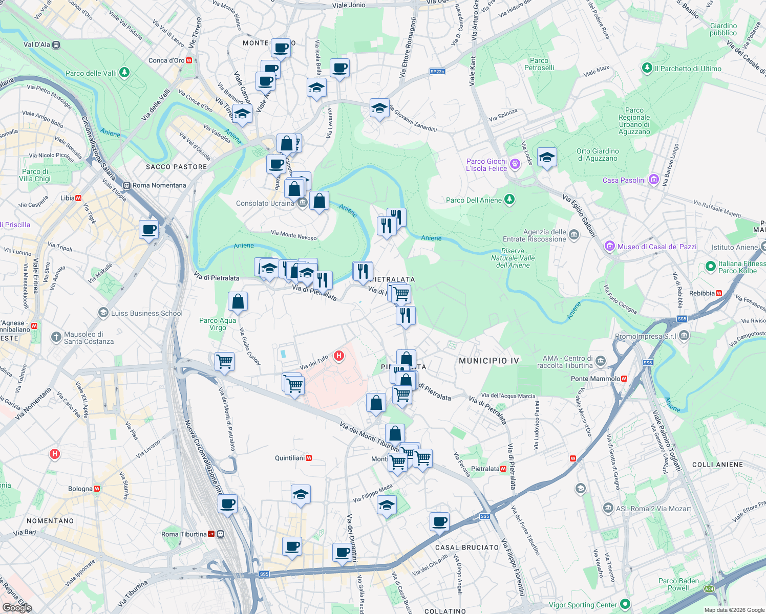 map of restaurants, bars, coffee shops, grocery stores, and more near 33 Via Bartolomeo Massalongo in Roma