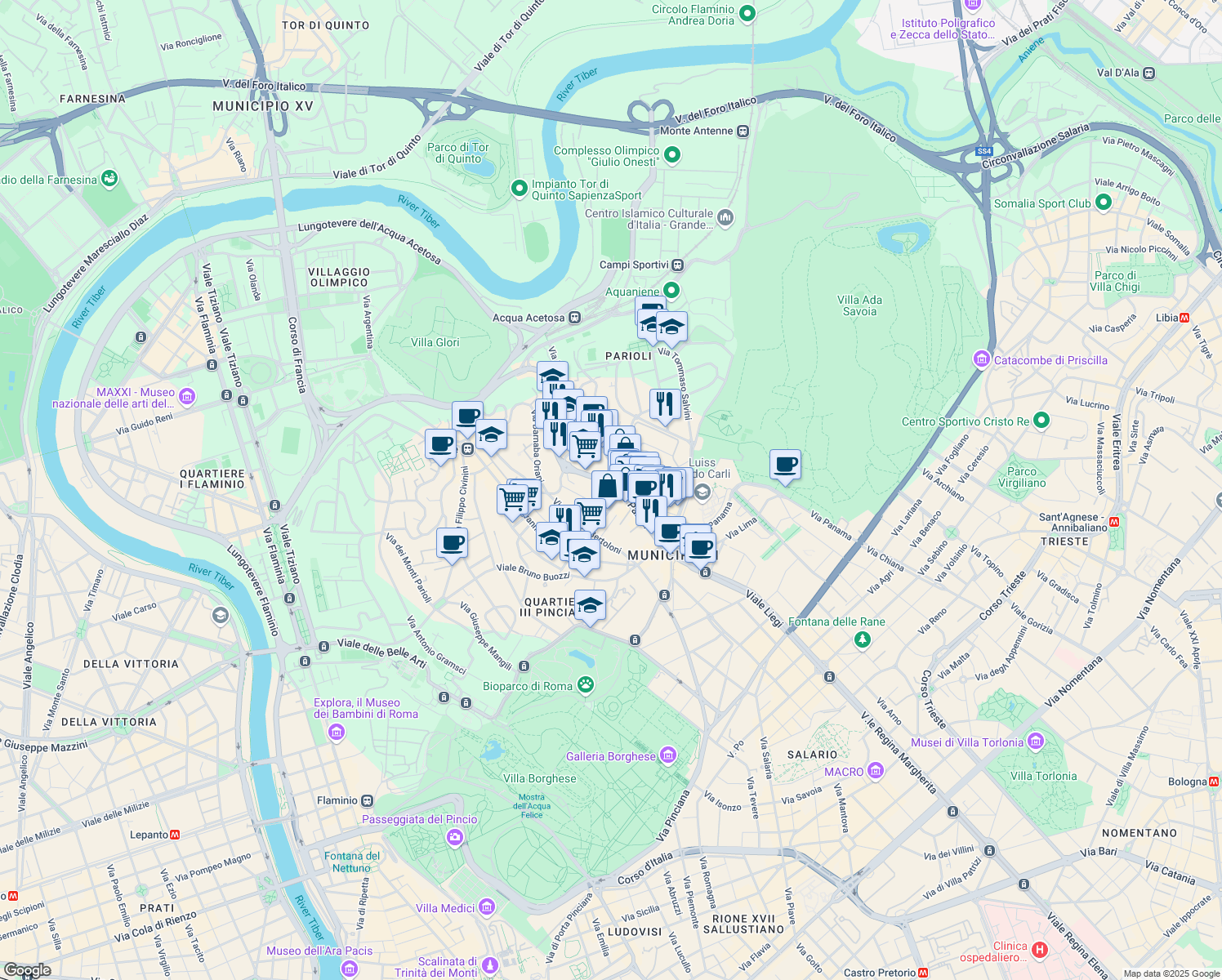 map of restaurants, bars, coffee shops, grocery stores, and more near 49 Viale Parioli in Roma