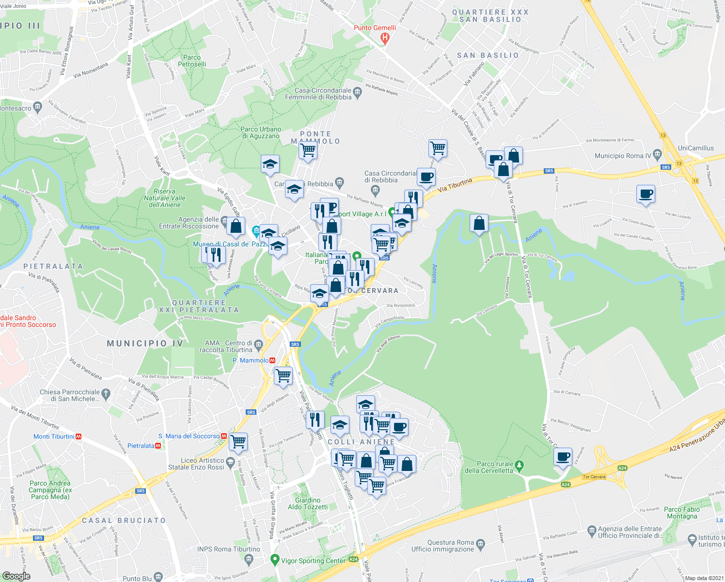 map of restaurants, bars, coffee shops, grocery stores, and more near Via Tiburtina in Rome