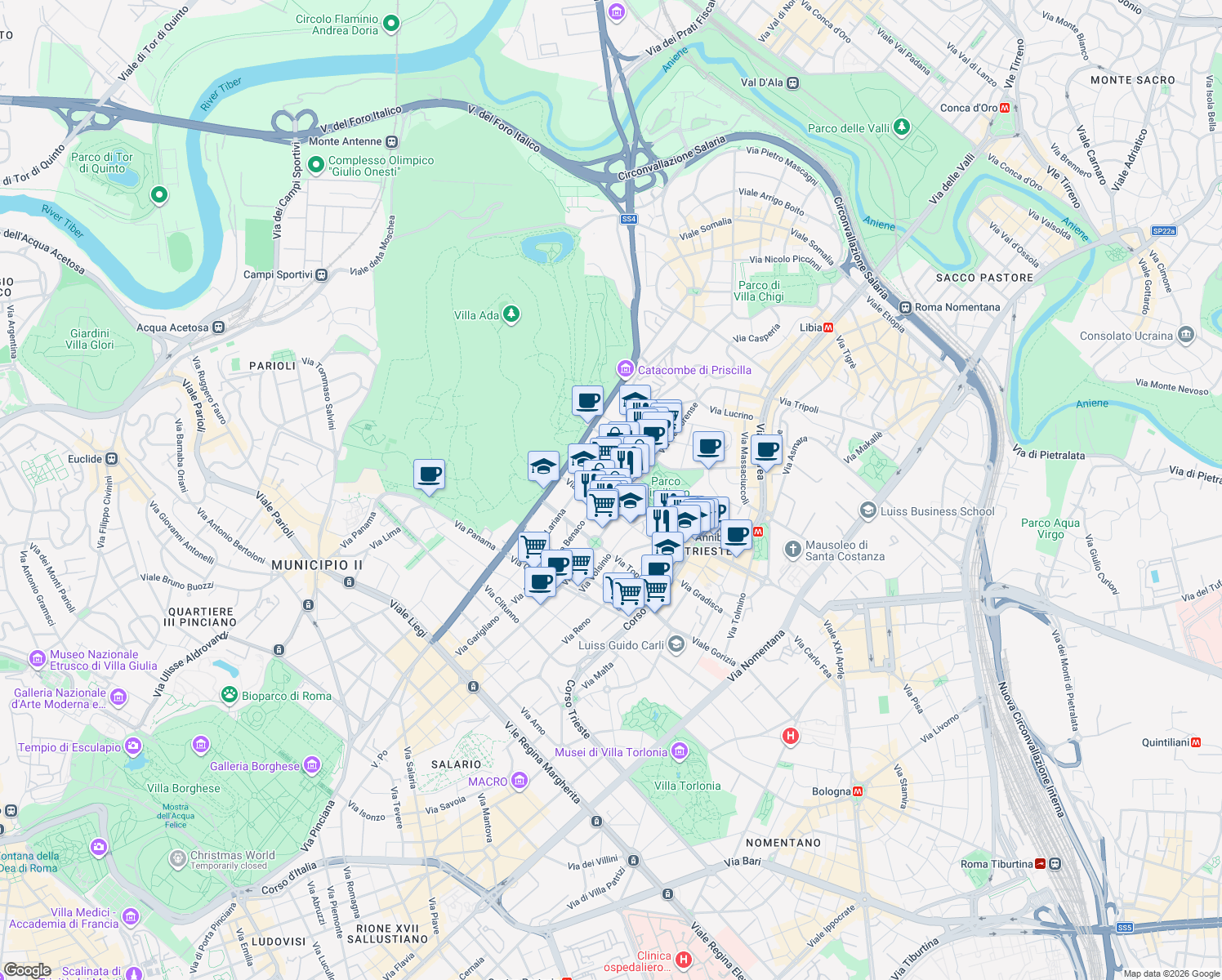 map of restaurants, bars, coffee shops, grocery stores, and more near 37 Via Nemorense in Rome