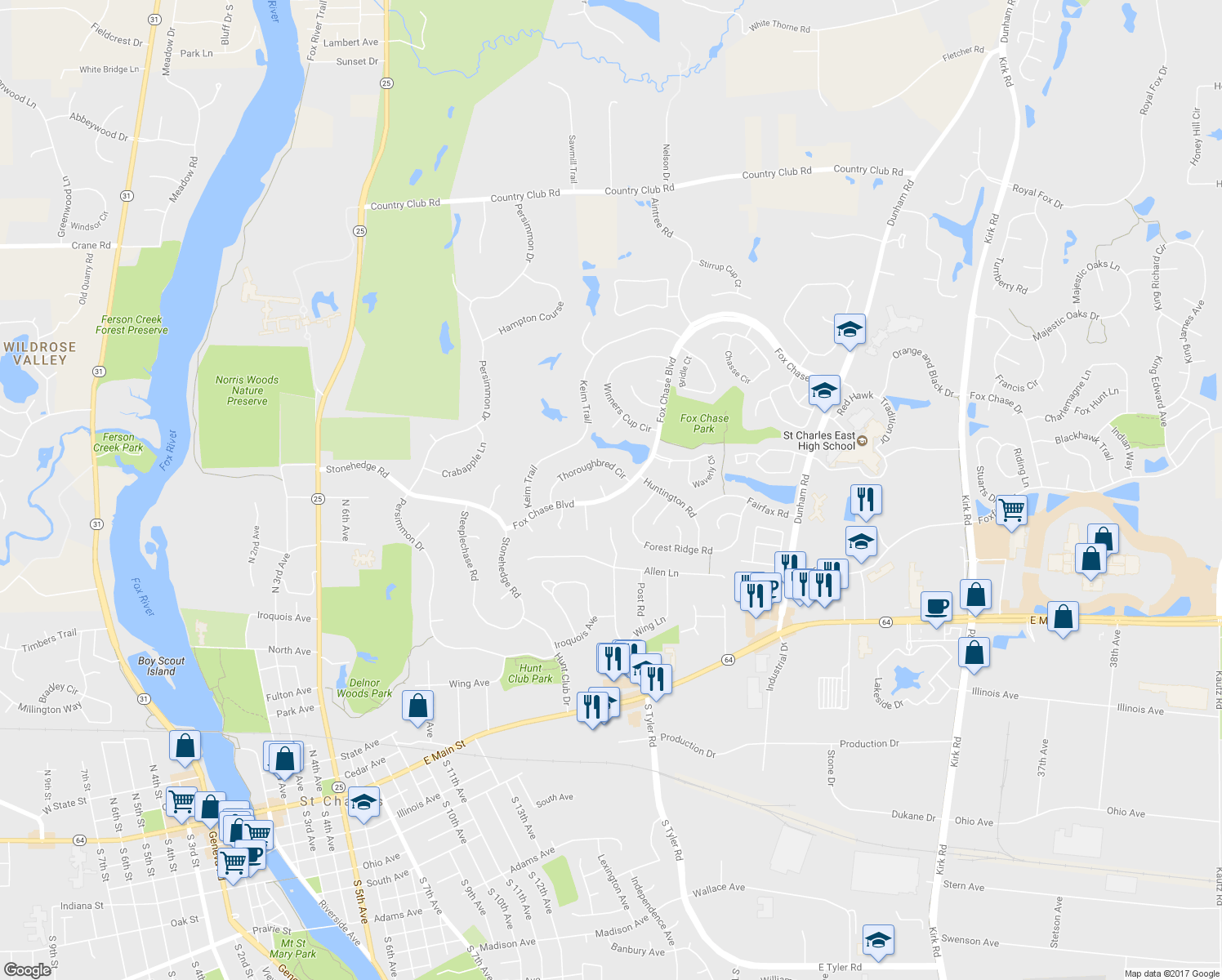 map of restaurants, bars, coffee shops, grocery stores, and more near 1518 Triple Crown Court in St. Charles