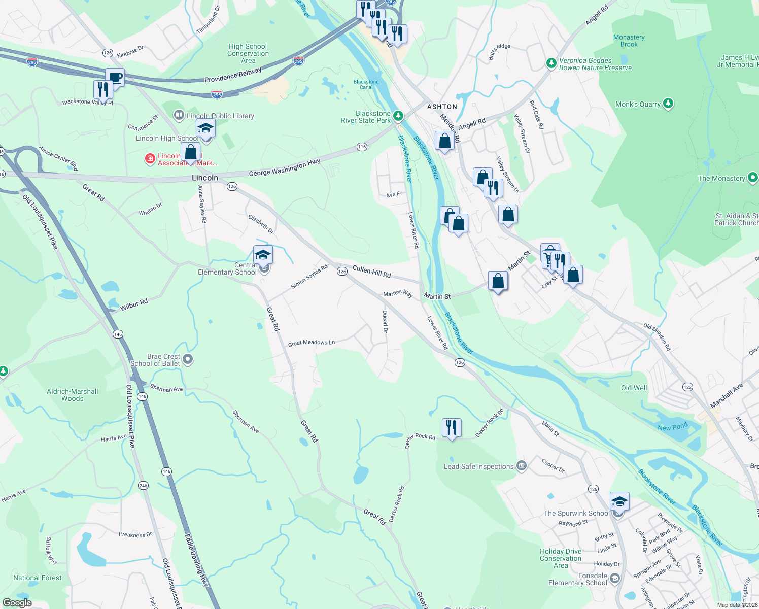 map of restaurants, bars, coffee shops, grocery stores, and more near 62 Old River Road in Lincoln