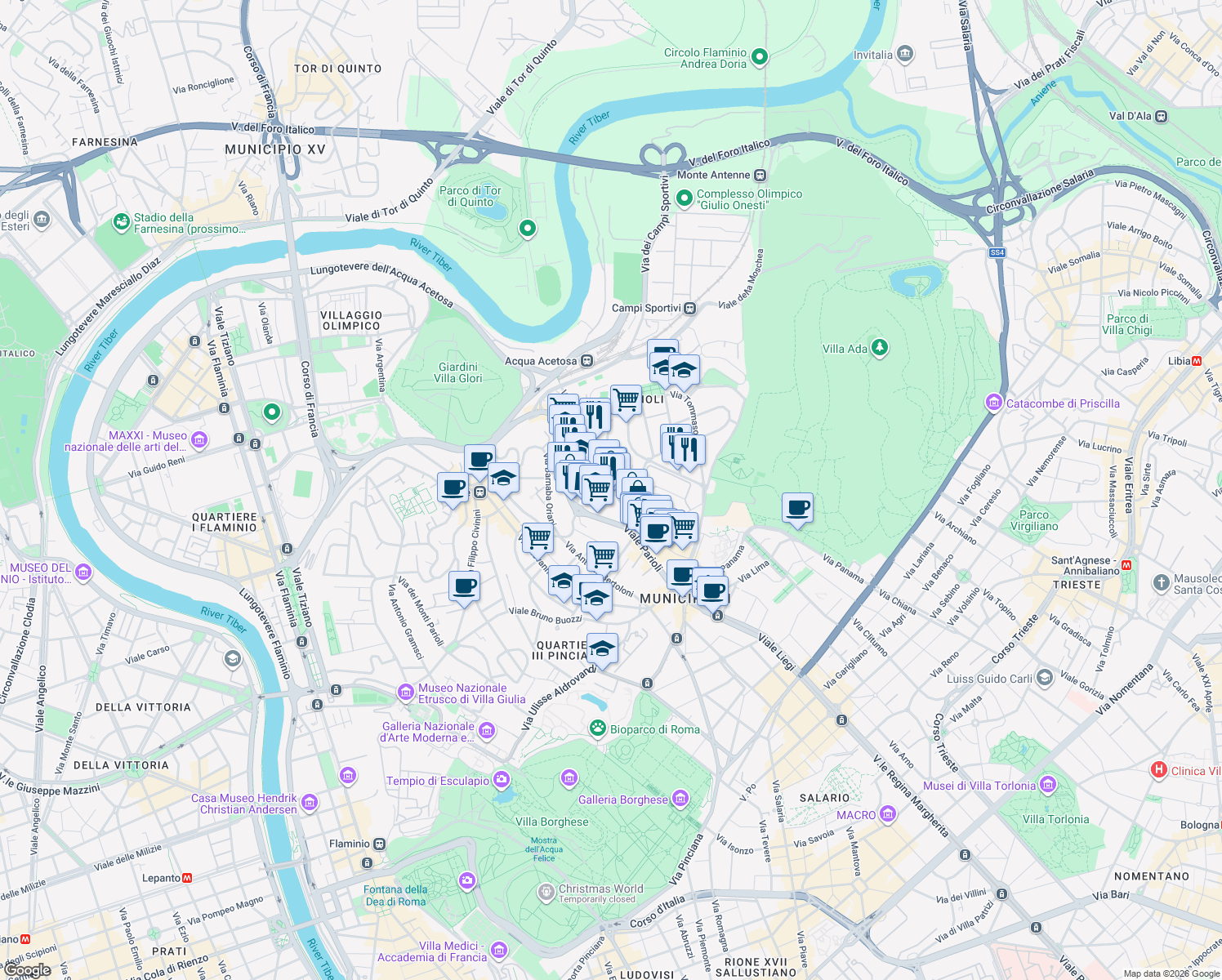 map of restaurants, bars, coffee shops, grocery stores, and more near 8 Via Fauro Ruggero in Rome