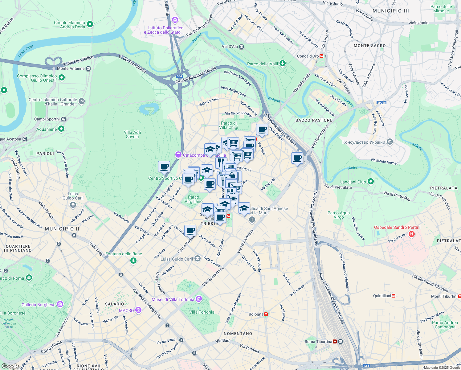 map of restaurants, bars, coffee shops, grocery stores, and more near Viale Eritrea in Rome