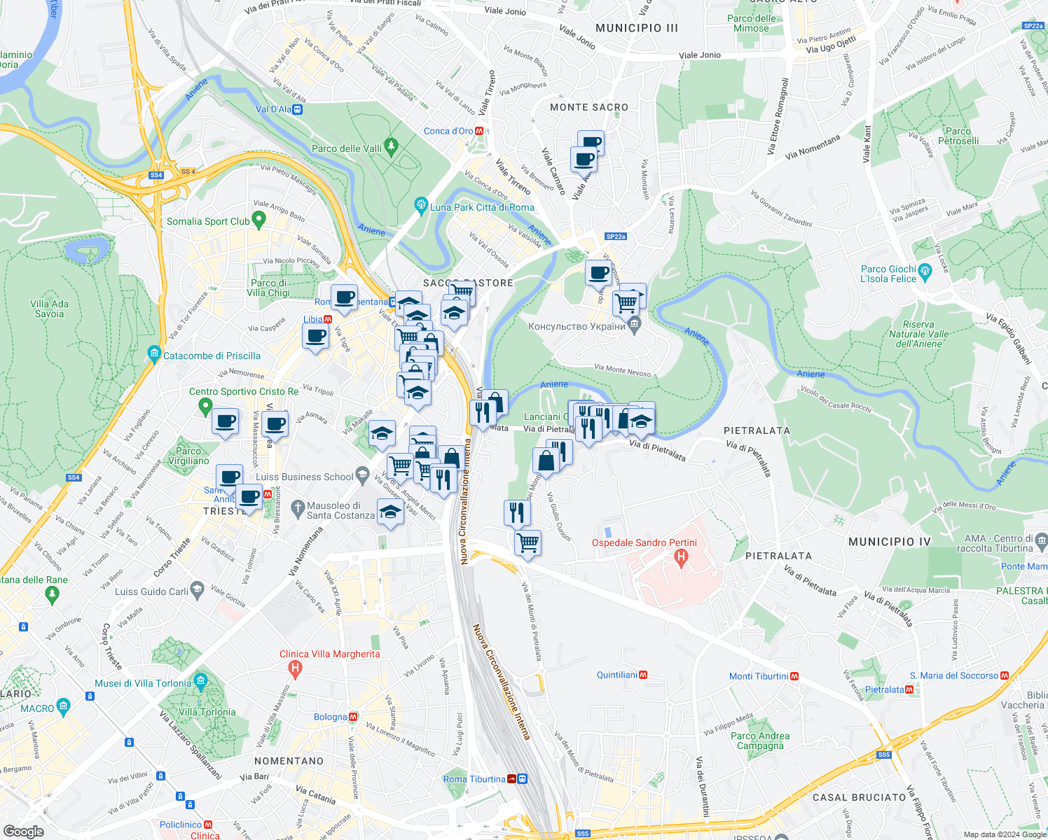 map of restaurants, bars, coffee shops, grocery stores, and more near 97-99 Via di Pietralata in Roma