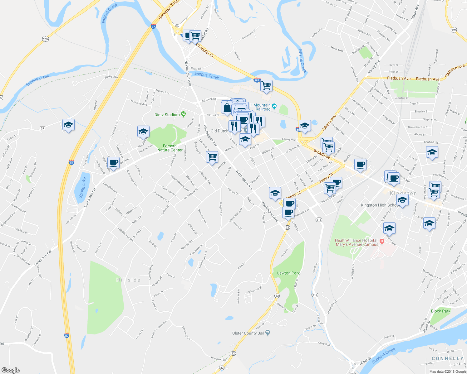 map of restaurants, bars, coffee shops, grocery stores, and more near 50 Noone Lane in Kingston