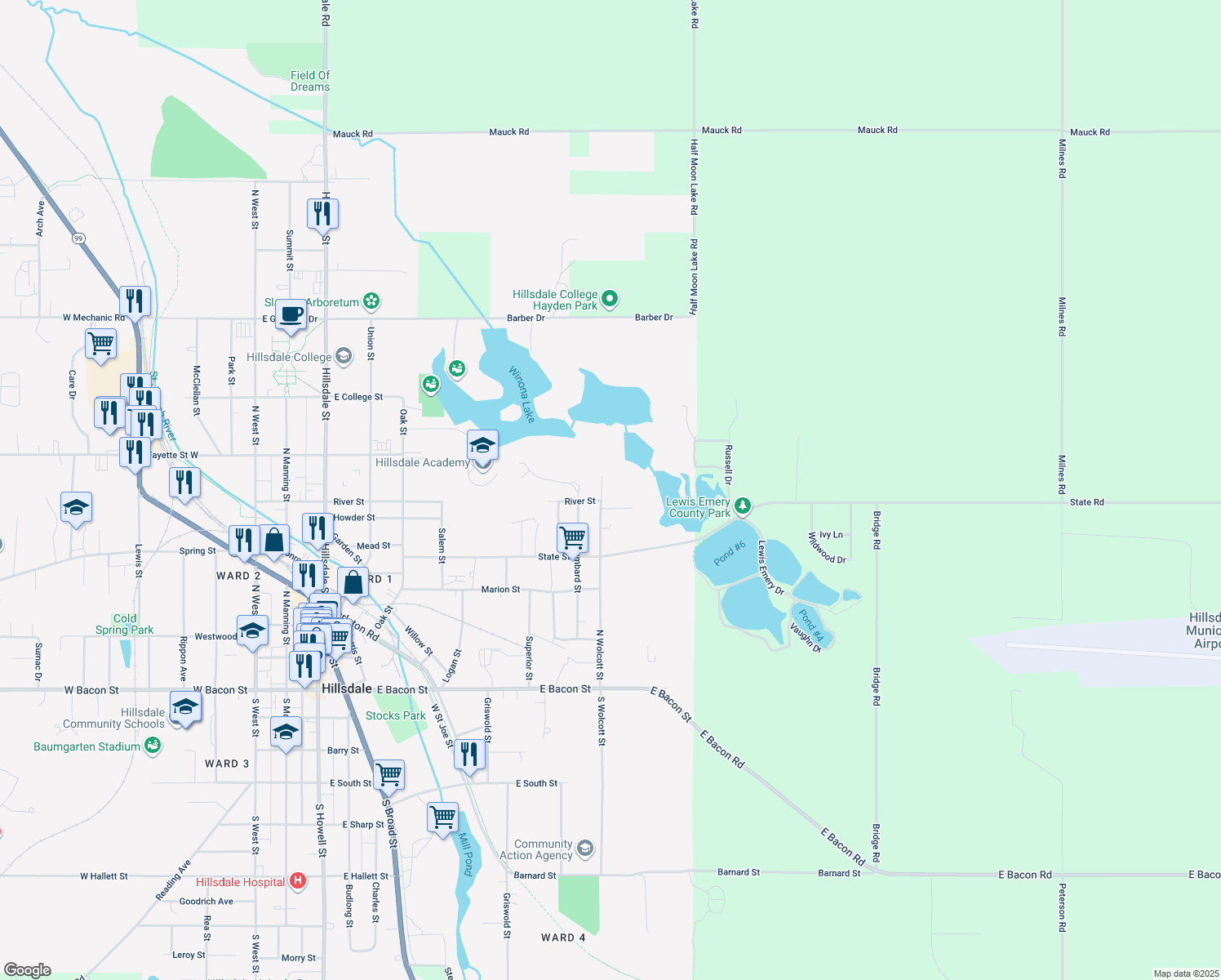 map of restaurants, bars, coffee shops, grocery stores, and more near 402 North Wolcott Street in Hillsdale