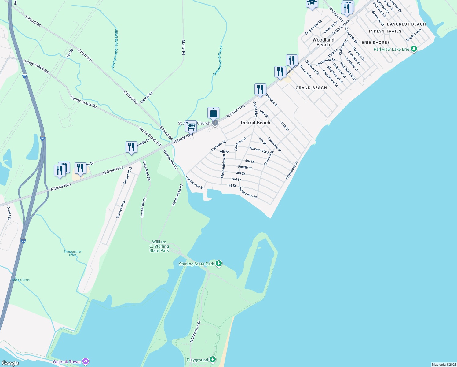map of restaurants, bars, coffee shops, grocery stores, and more near 2937 1st Street in Monroe