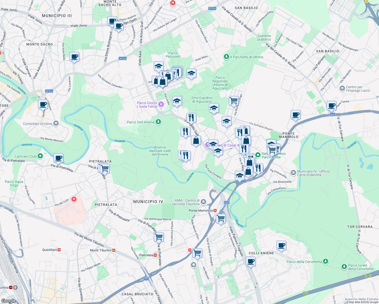 map of restaurants, bars, coffee shops, grocery stores, and more near Via Leonida Rech in Rome
