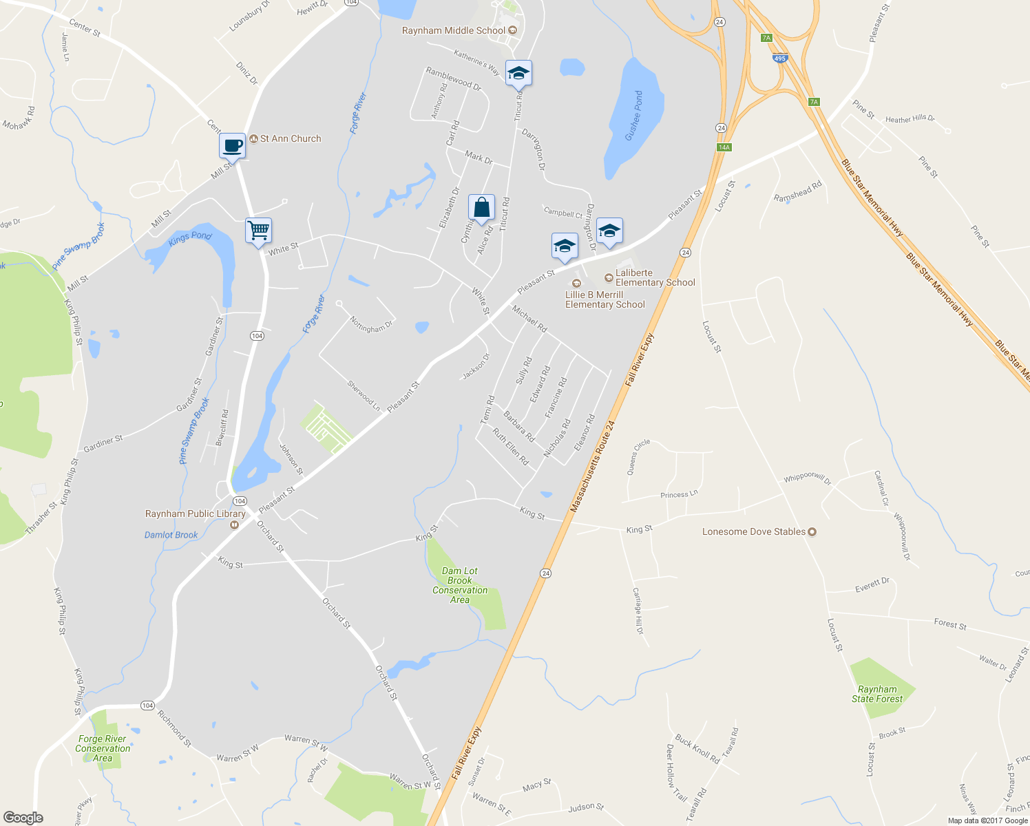 map of restaurants, bars, coffee shops, grocery stores, and more near 44 Barbara Road in Raynham