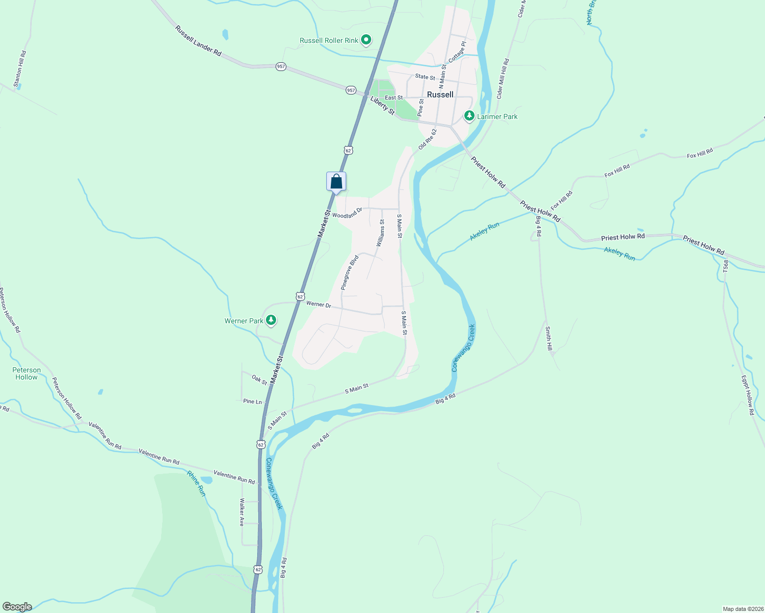 map of restaurants, bars, coffee shops, grocery stores, and more near 16 Werner Drive in Russell