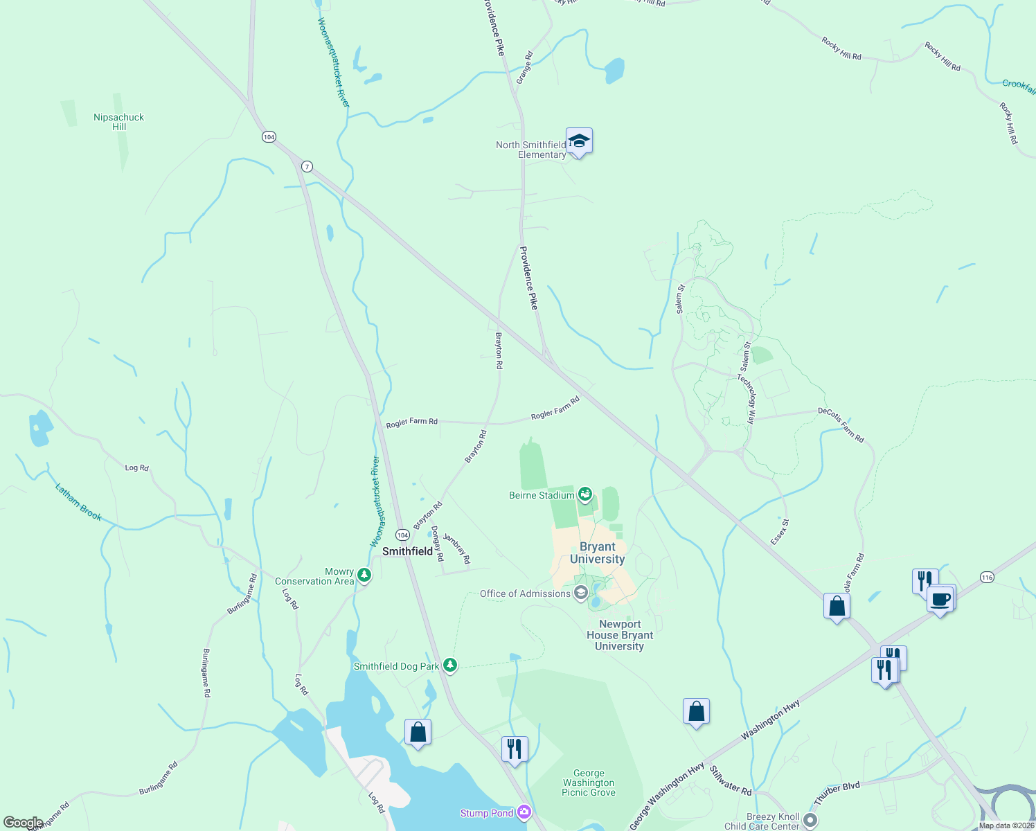 map of restaurants, bars, coffee shops, grocery stores, and more near 15 Rogler Farm Road in Smithfield