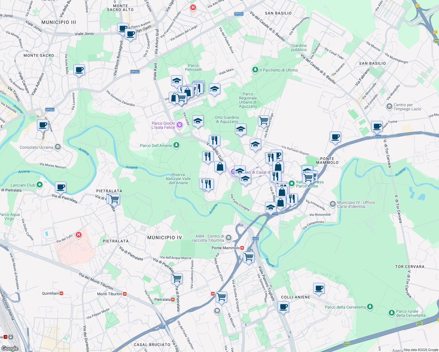 map of restaurants, bars, coffee shops, grocery stores, and more near Via Leonida Rech in Rome