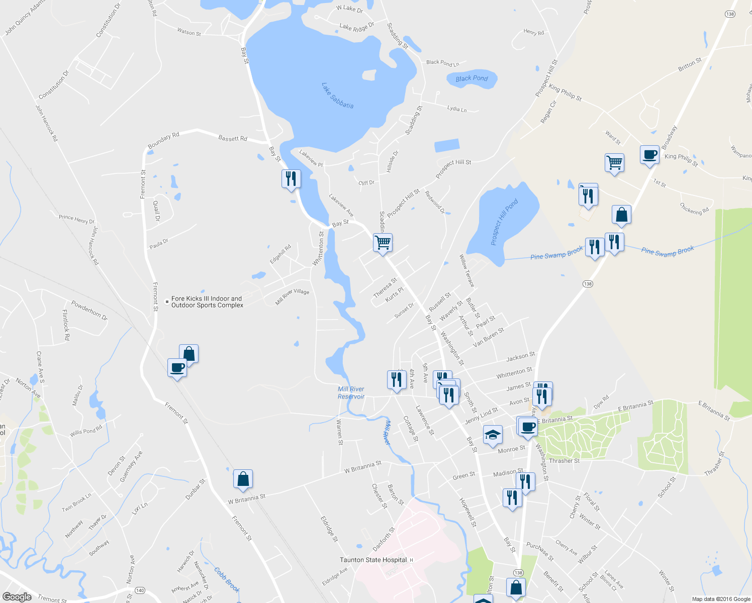 map of restaurants, bars, coffee shops, grocery stores, and more near 80 Theresa Street in Taunton