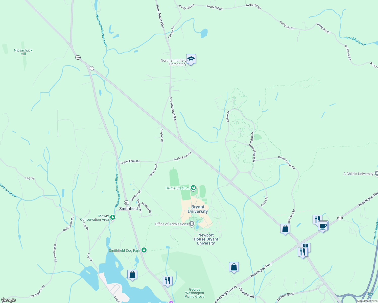 map of restaurants, bars, coffee shops, grocery stores, and more near 1 Rogler Farm Rd in Smithfield