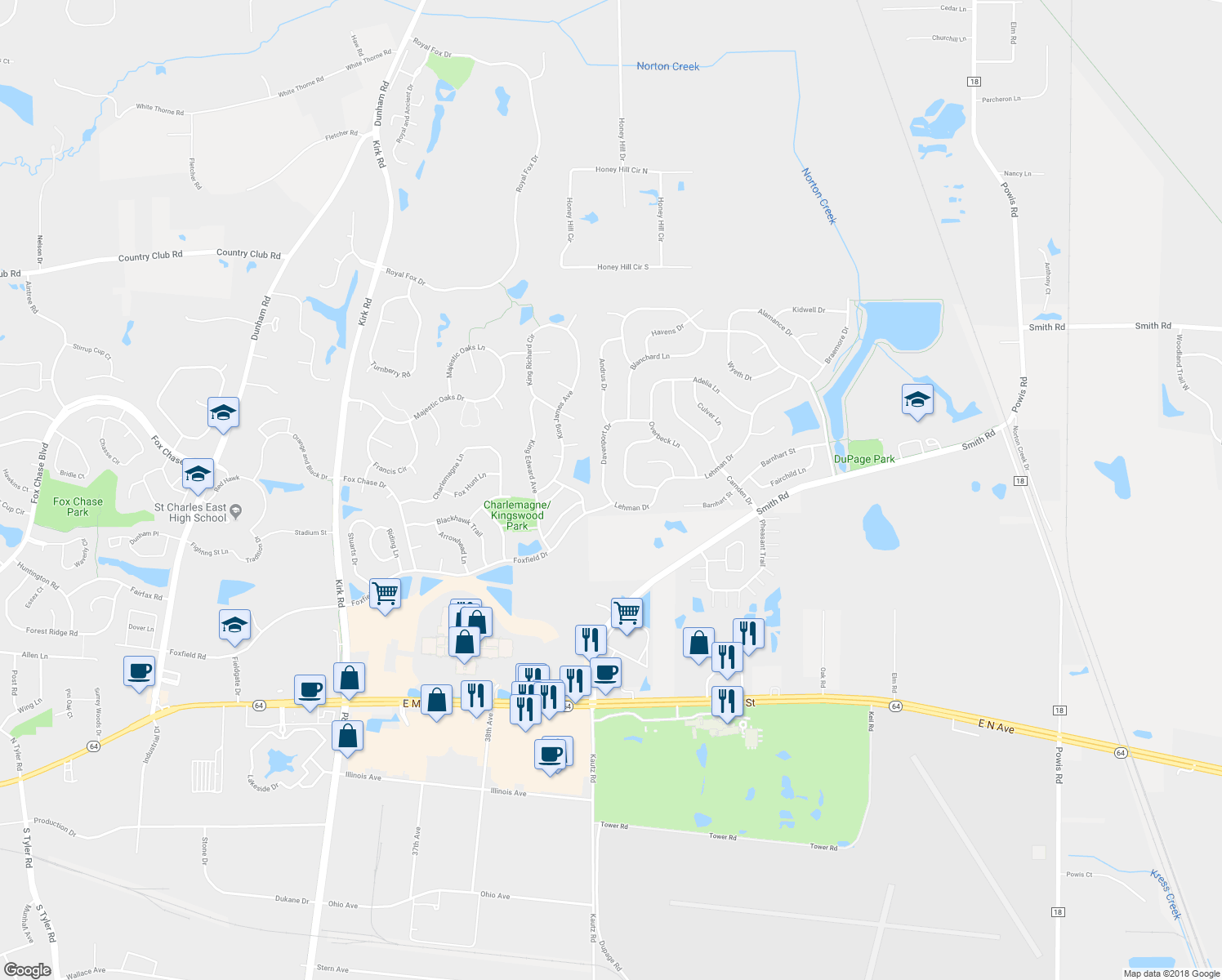 map of restaurants, bars, coffee shops, grocery stores, and more near 2799 Davenport Drive in West Chicago