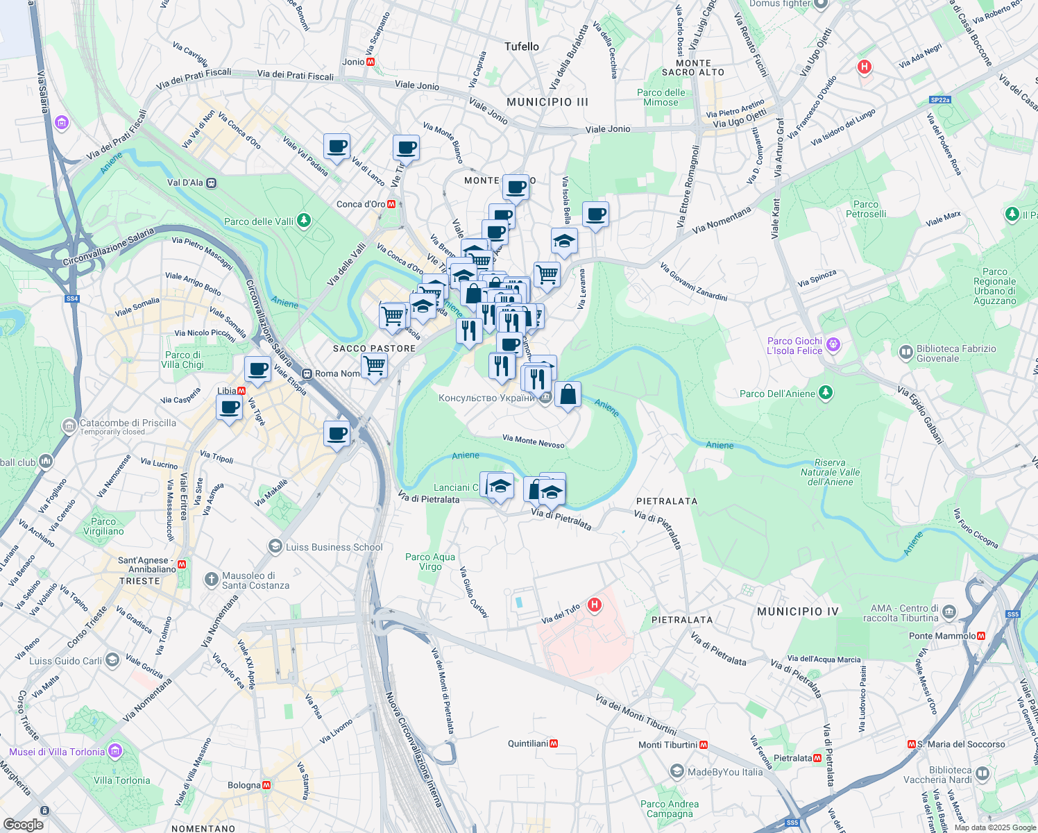 map of restaurants, bars, coffee shops, grocery stores, and more near 126 Via Cimone in Rome