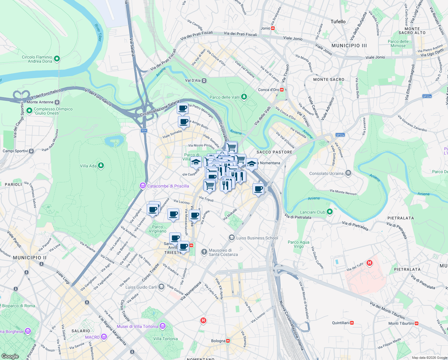 map of restaurants, bars, coffee shops, grocery stores, and more near 121-137 Via Tripolitania in Roma