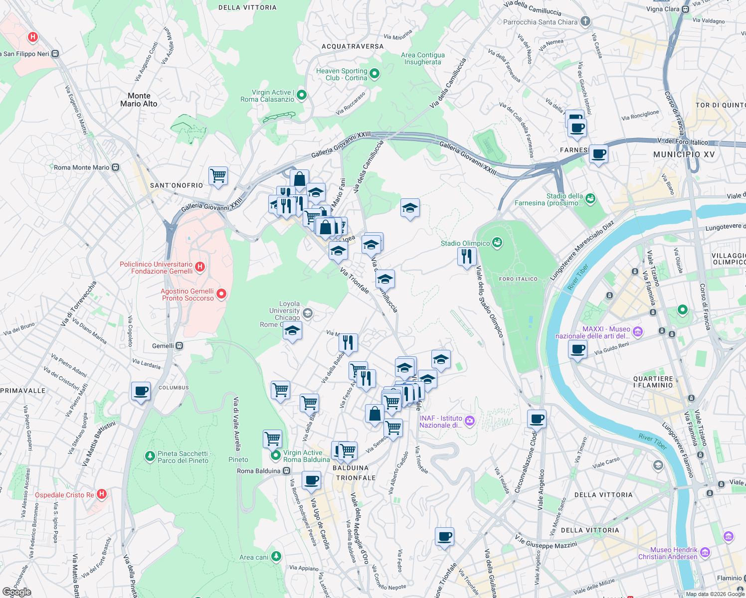 map of restaurants, bars, coffee shops, grocery stores, and more near 6446-6592 Via Trionfale in Rome