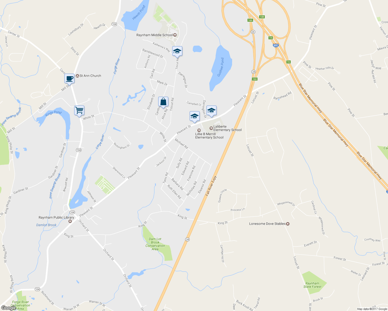 map of restaurants, bars, coffee shops, grocery stores, and more near 121 Michael Road in Raynham