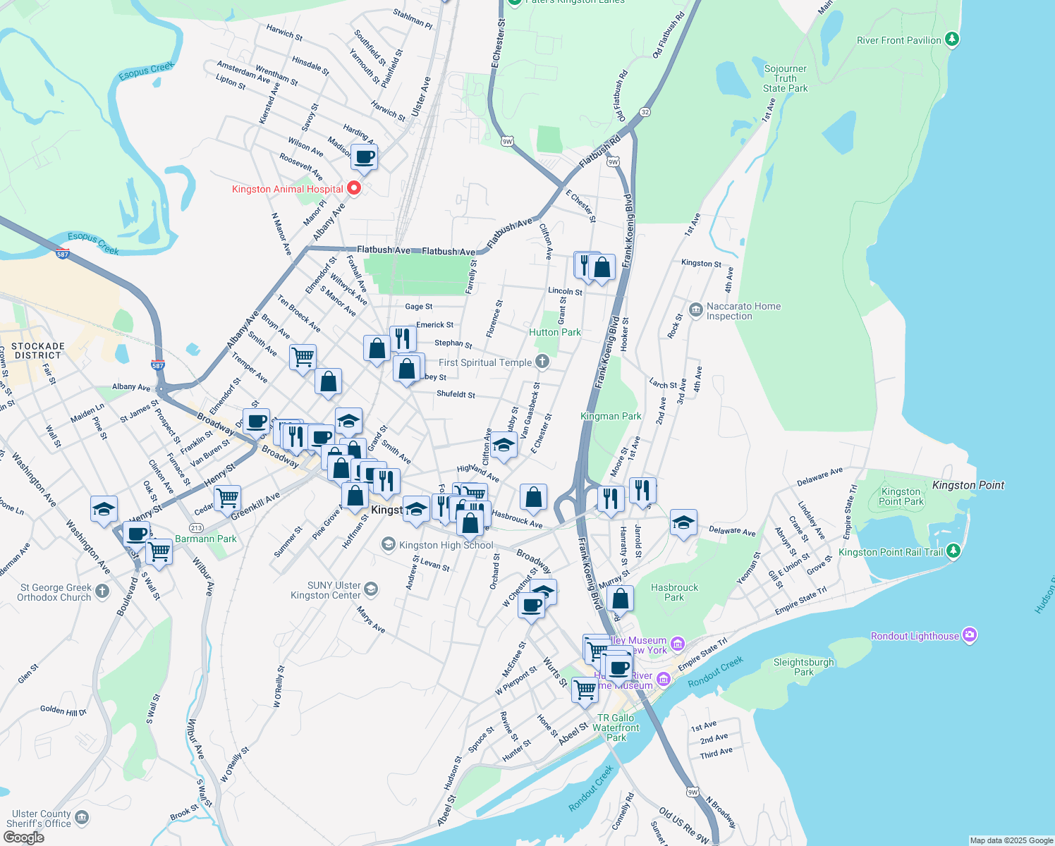 map of restaurants, bars, coffee shops, grocery stores, and more near 42 Van Gaasbeck Street in Kingston