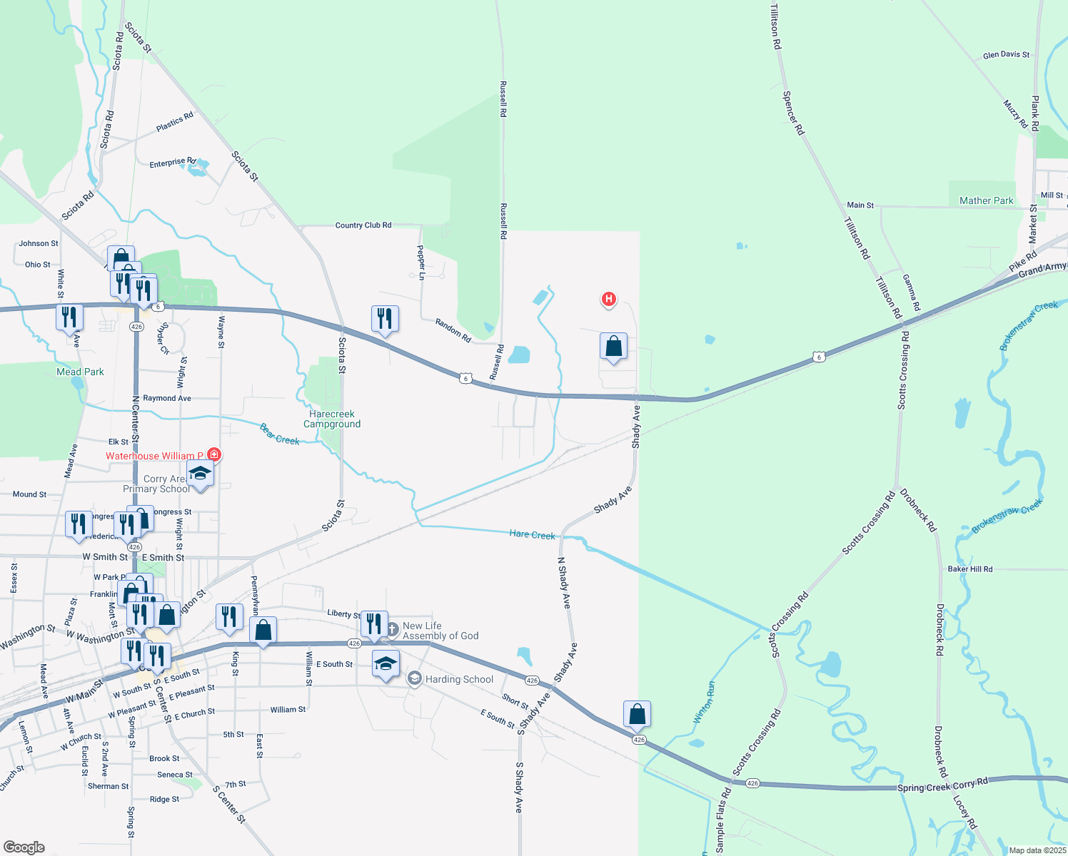 map of restaurants, bars, coffee shops, grocery stores, and more near 298 Apache Ave in Corry