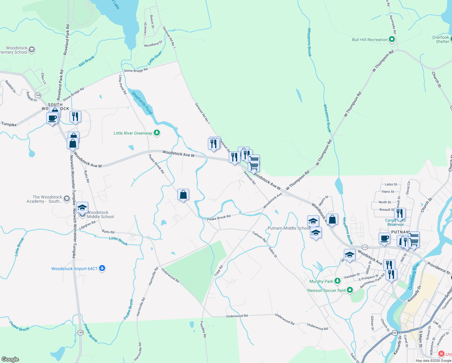 map of restaurants, bars, coffee shops, grocery stores, and more near 27 Senexet Village Rd in Woodstock