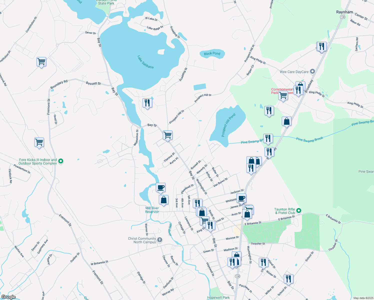 map of restaurants, bars, coffee shops, grocery stores, and more near 11 Hoffman Street in Taunton