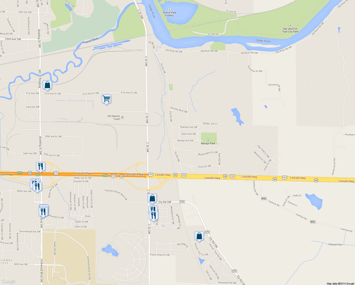 map of restaurants, bars, coffee shops, grocery stores, and more near 2517 Navajo Ave SW in Cedar Rapids