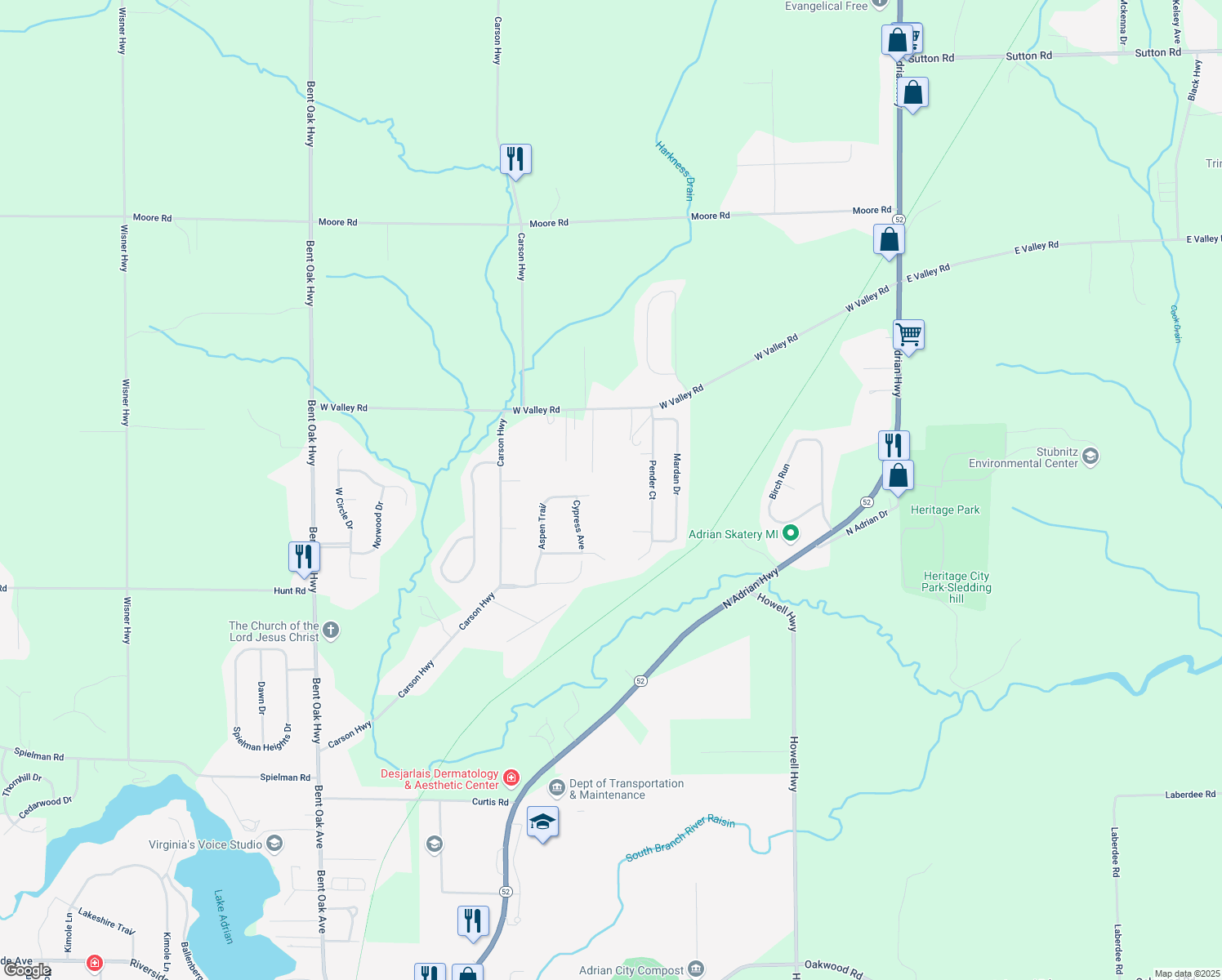 map of restaurants, bars, coffee shops, grocery stores, and more near 3288 Aspen Trail in Adrian