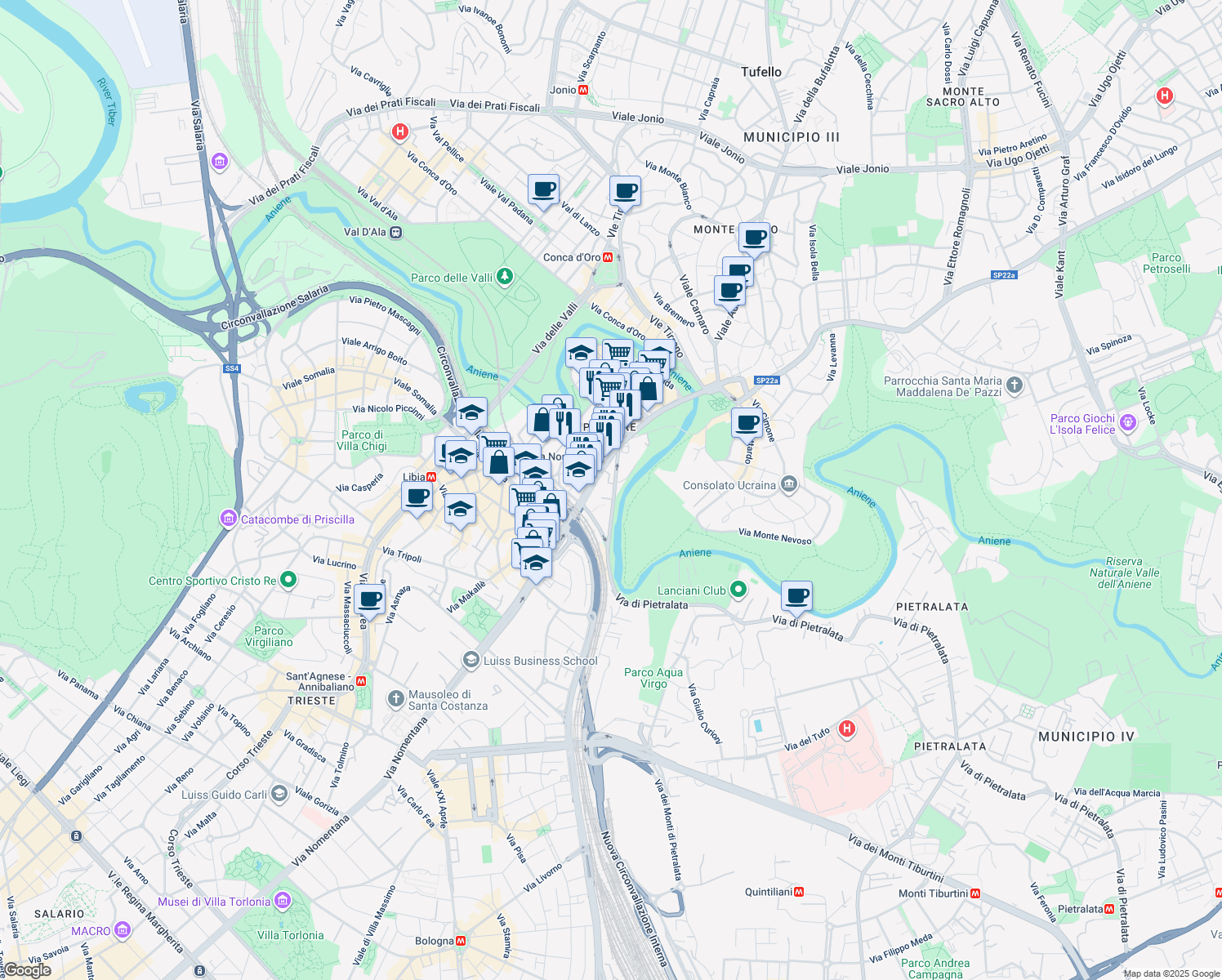 map of restaurants, bars, coffee shops, grocery stores, and more near 316 Via Nomentana in Roma