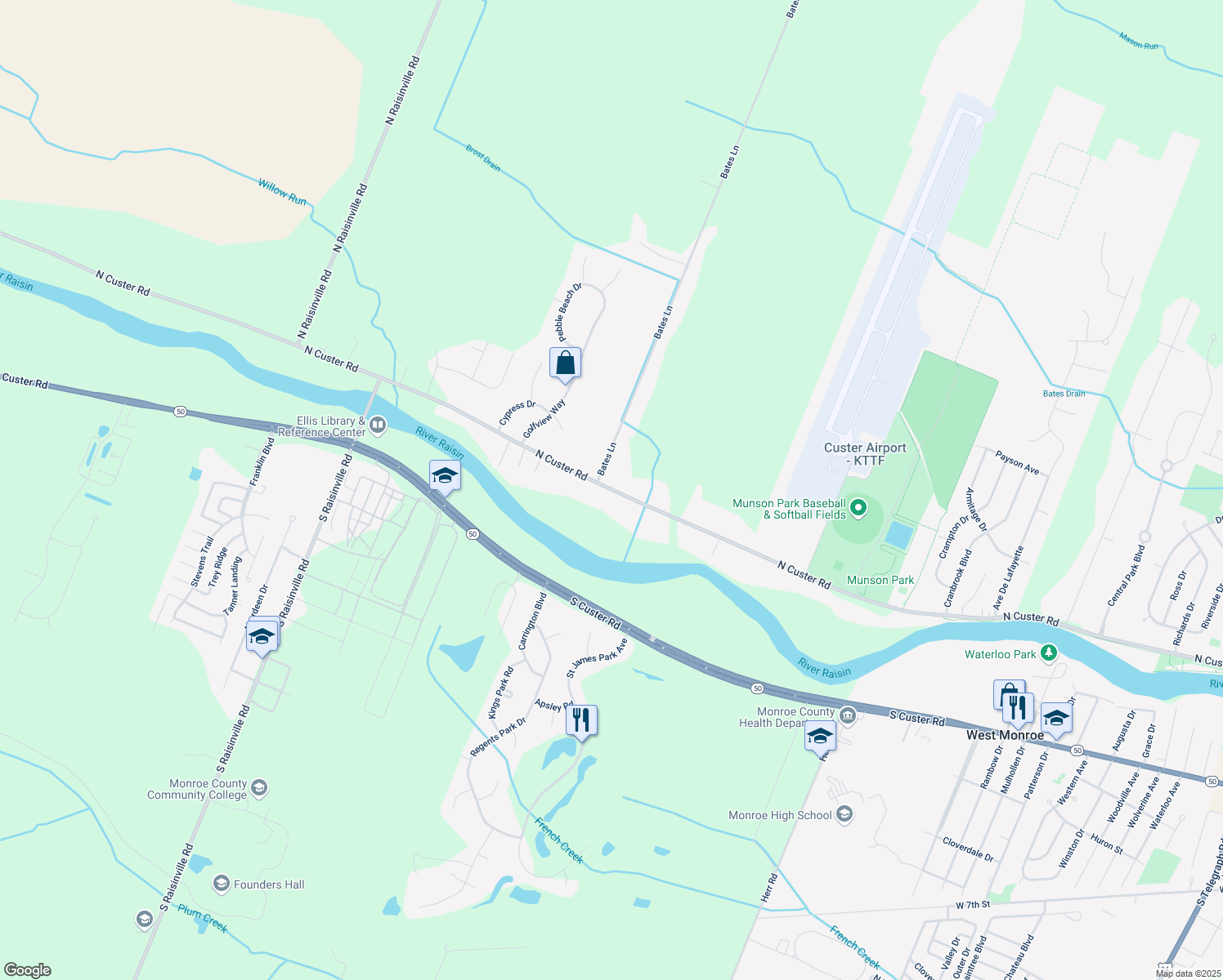 map of restaurants, bars, coffee shops, grocery stores, and more near 3173 North Custer Road in Monroe