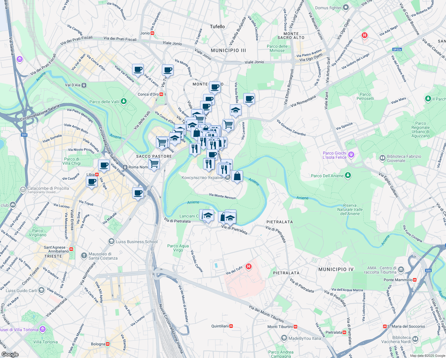 map of restaurants, bars, coffee shops, grocery stores, and more near 126 Via Cimone in Rome