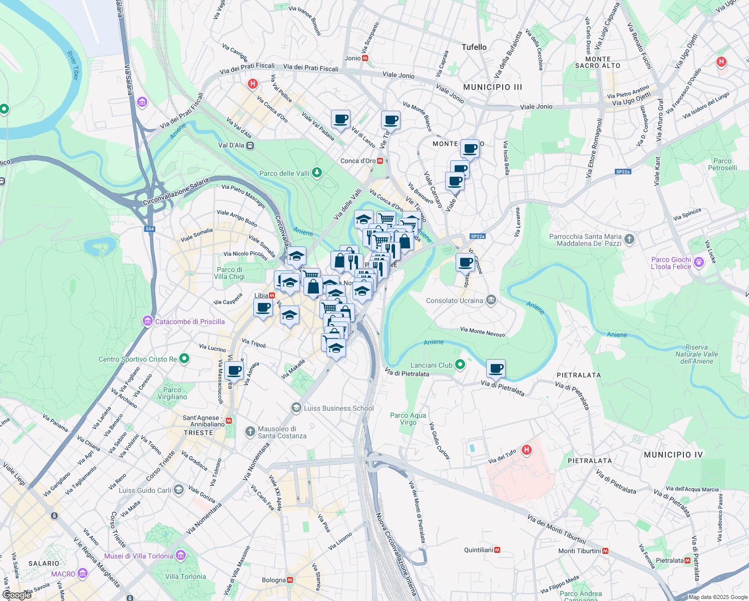 map of restaurants, bars, coffee shops, grocery stores, and more near 316 Via Nomentana in Rome