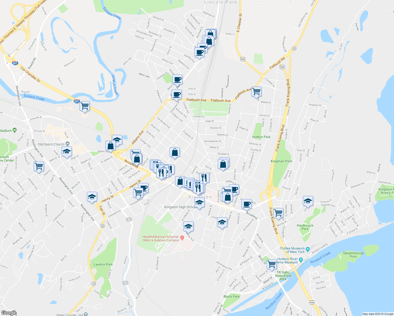 map of restaurants, bars, coffee shops, grocery stores, and more near 85 Grand Street in Kingston