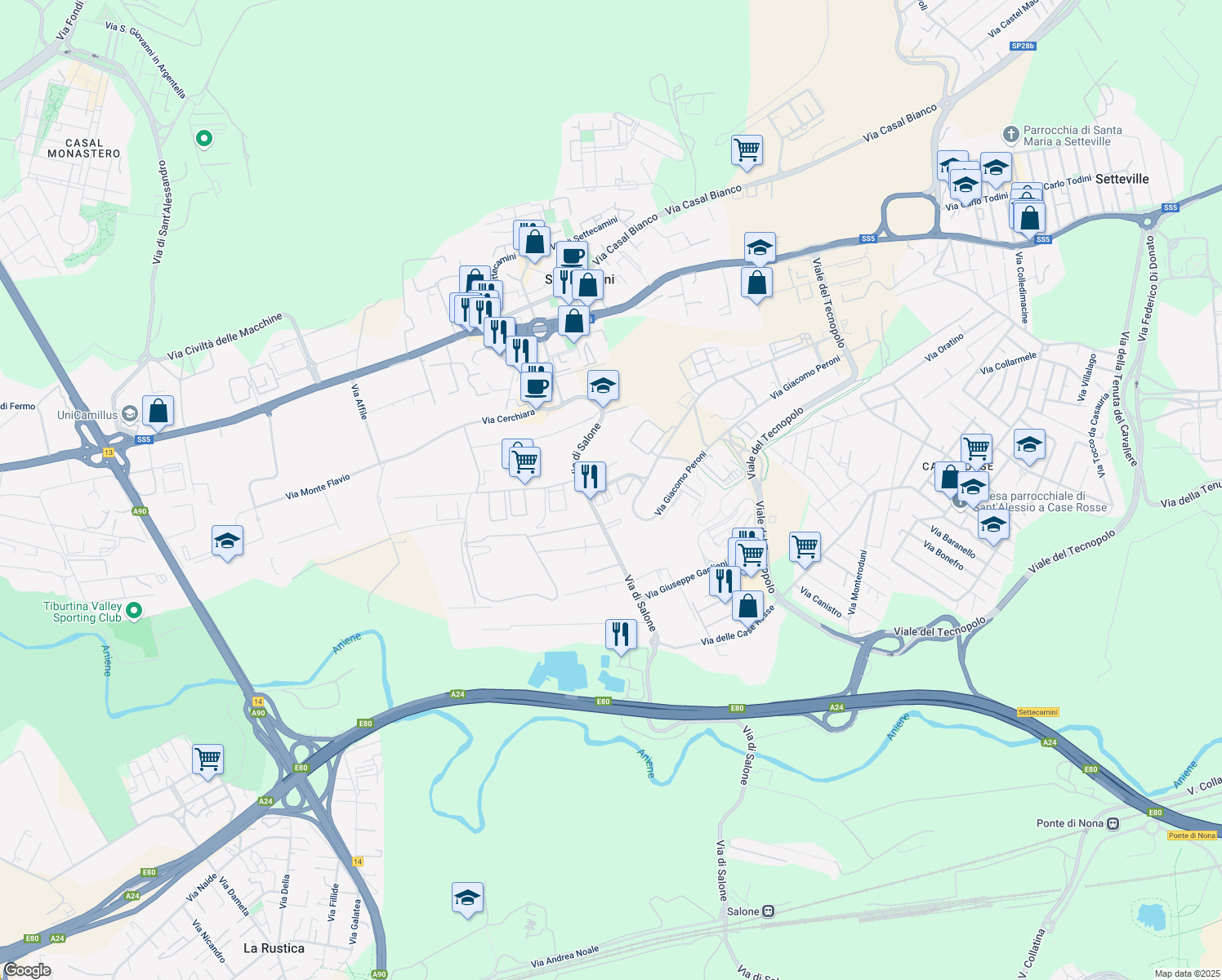 map of restaurants, bars, coffee shops, grocery stores, and more near 143 Via Leofreni in Roma