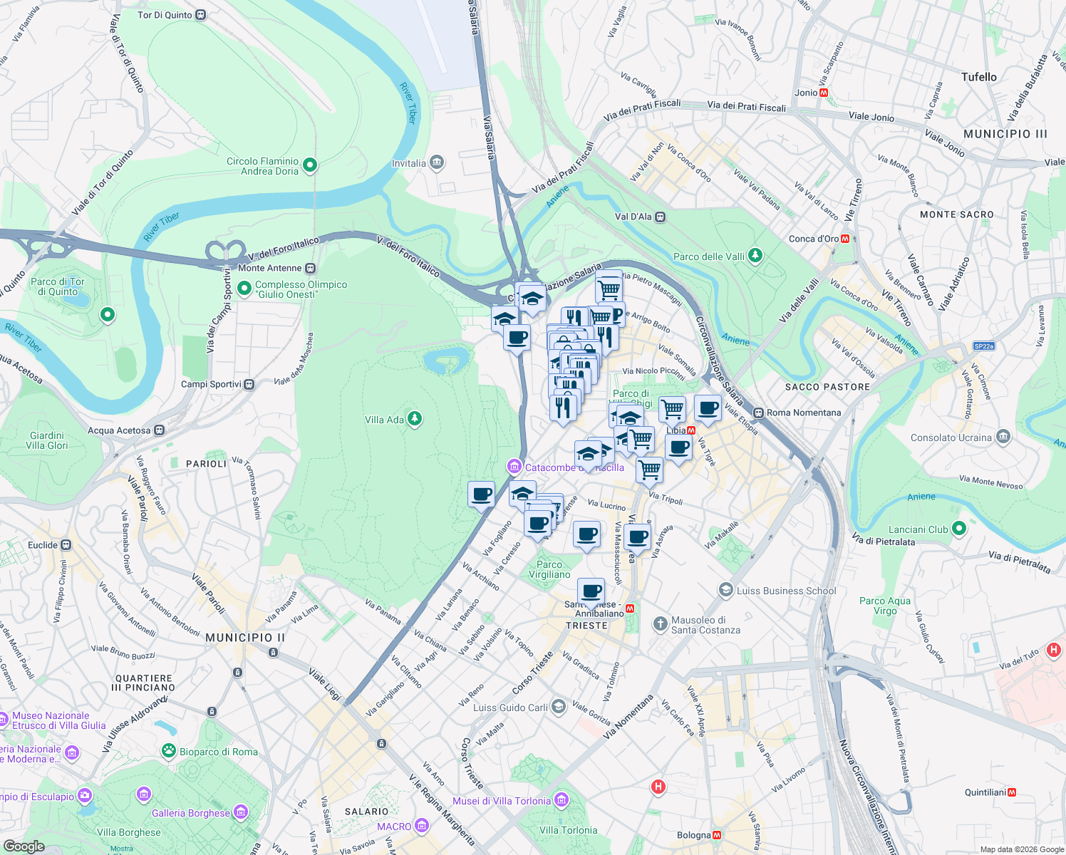 map of restaurants, bars, coffee shops, grocery stores, and more near in Rome