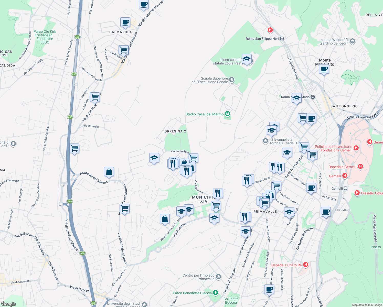 map of restaurants, bars, coffee shops, grocery stores, and more near 100 Via Torresina in Roma