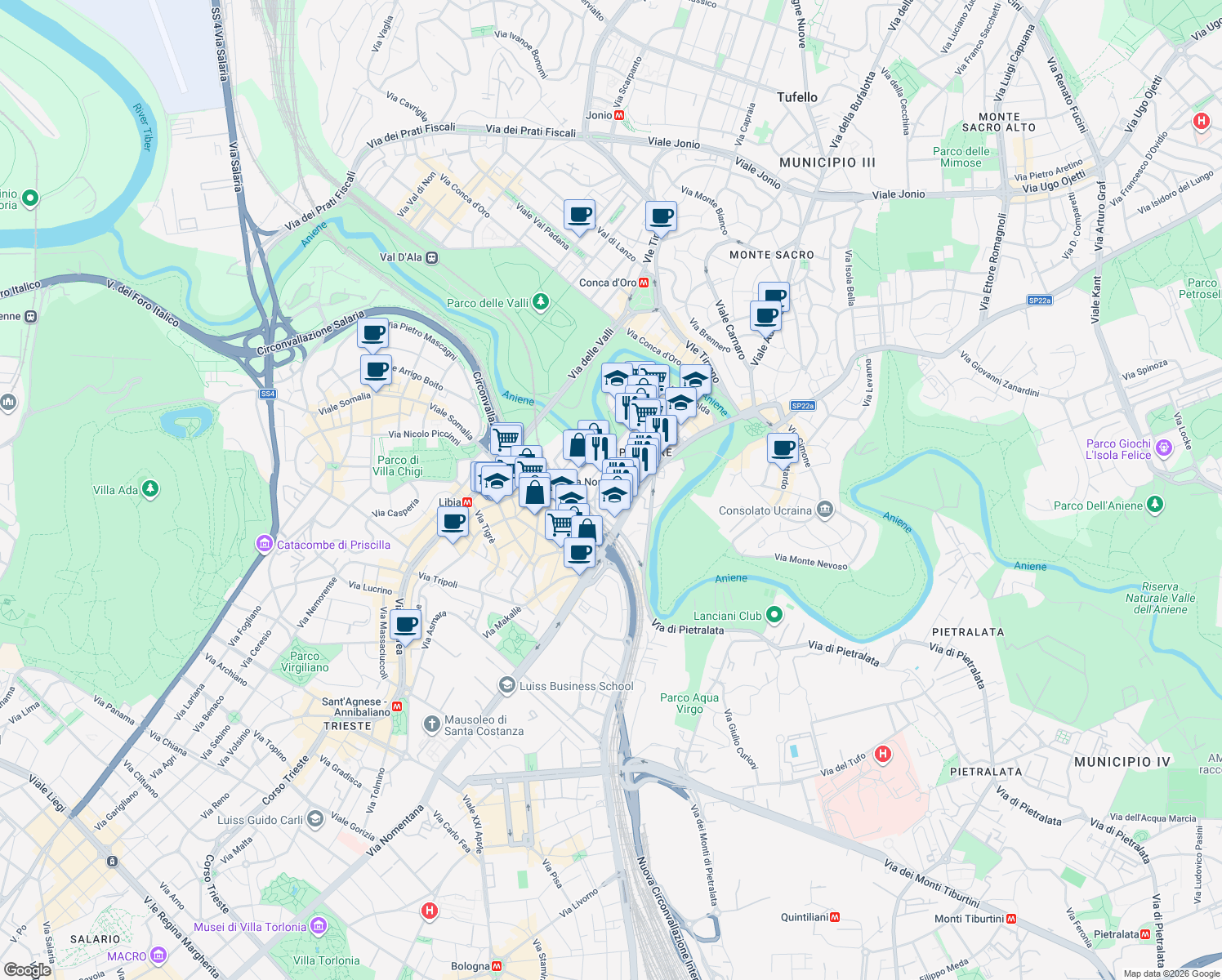 map of restaurants, bars, coffee shops, grocery stores, and more near 1-11 Via Valsugana in Rome