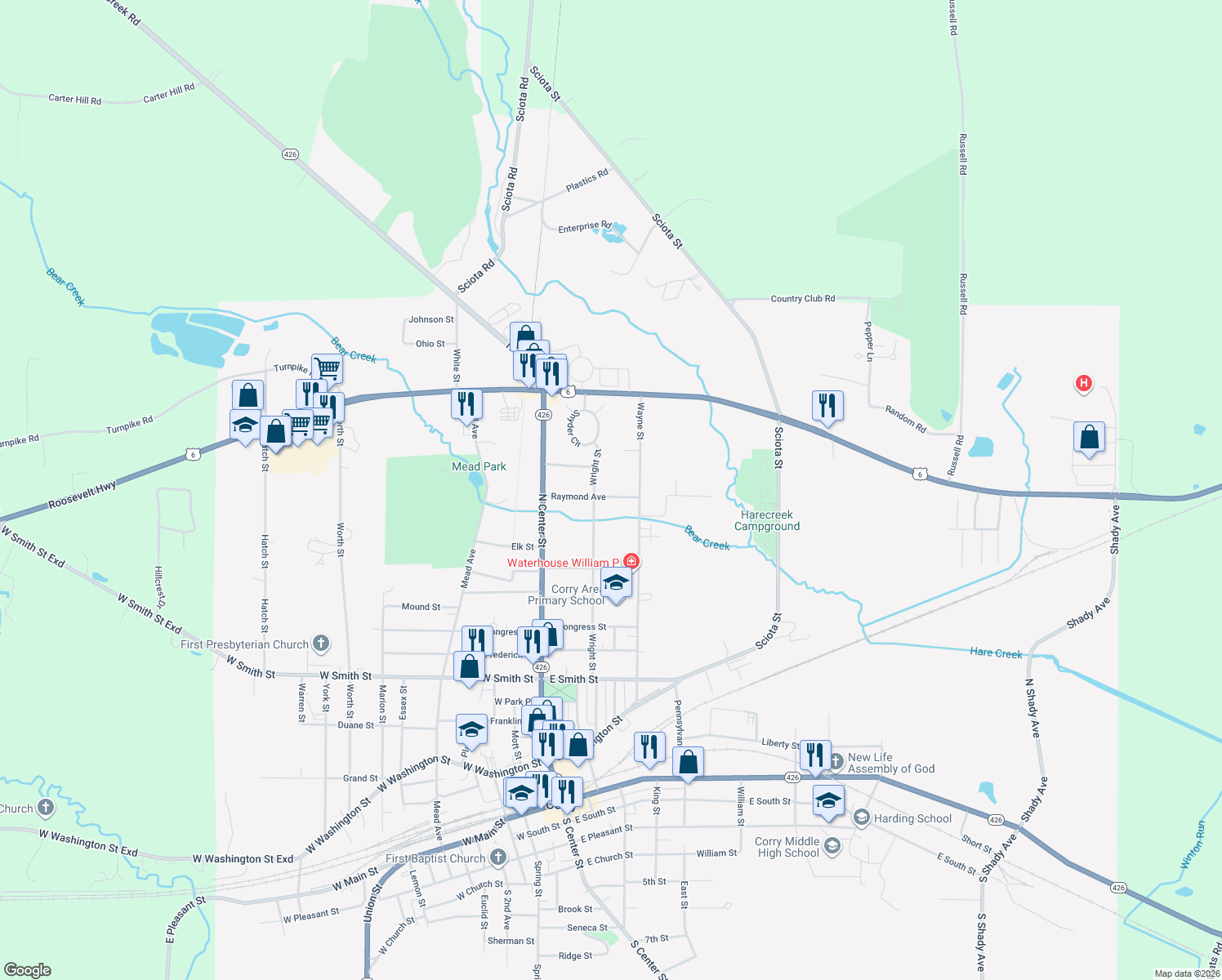 map of restaurants, bars, coffee shops, grocery stores, and more near 123 Raymond Ave in Corry