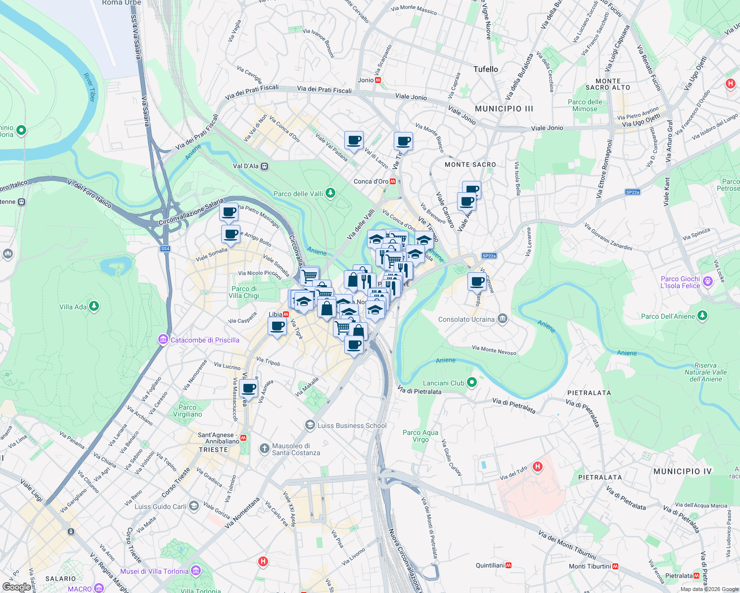 map of restaurants, bars, coffee shops, grocery stores, and more near 11 Via Valsugana in Rome