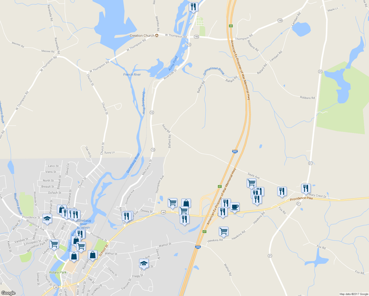 map of restaurants, bars, coffee shops, grocery stores, and more near 79 Azud Road in Thompson