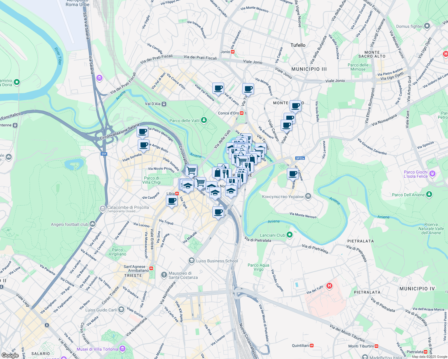 map of restaurants, bars, coffee shops, grocery stores, and more near 31 Via Val Chisone in Rome