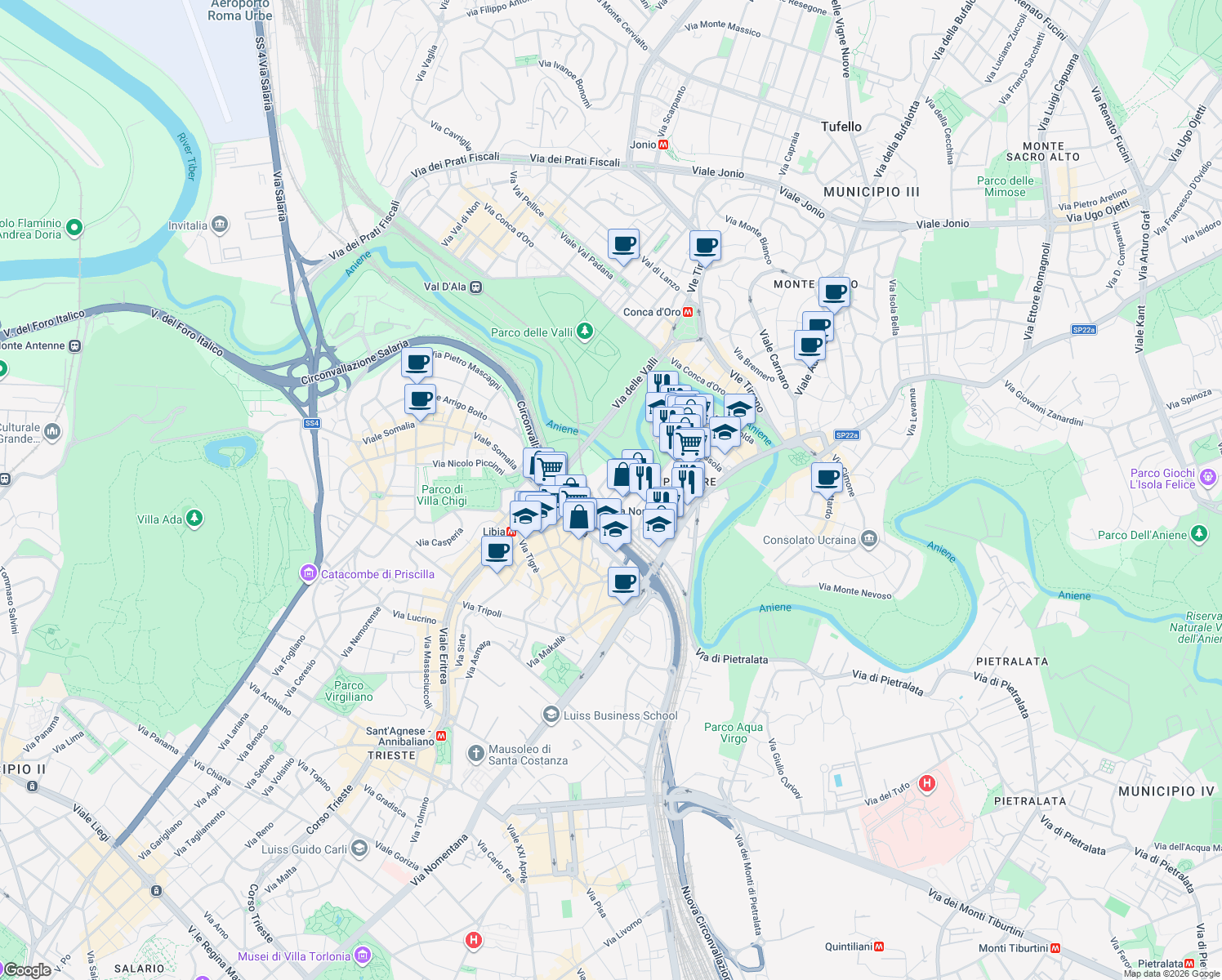 map of restaurants, bars, coffee shops, grocery stores, and more near 63-65 Via dei Campi Flegrei in Rome