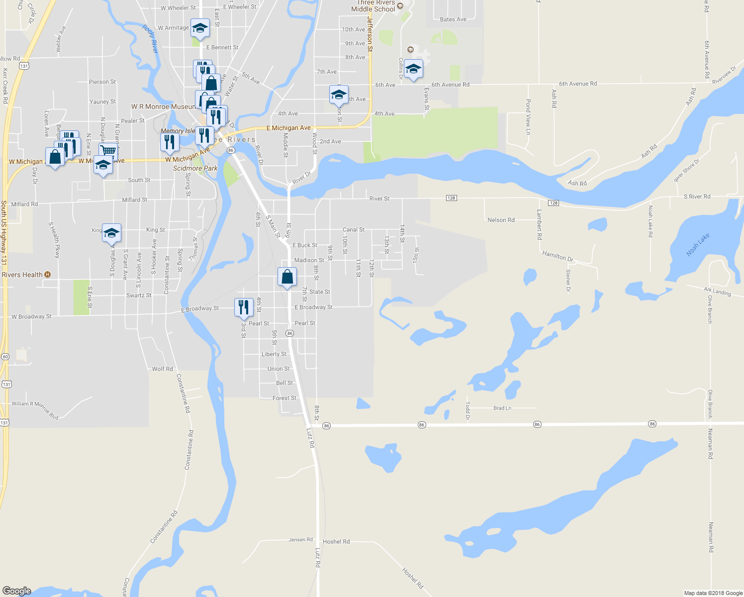 map of restaurants, bars, coffee shops, grocery stores, and more near 717 12th Street in Three Rivers