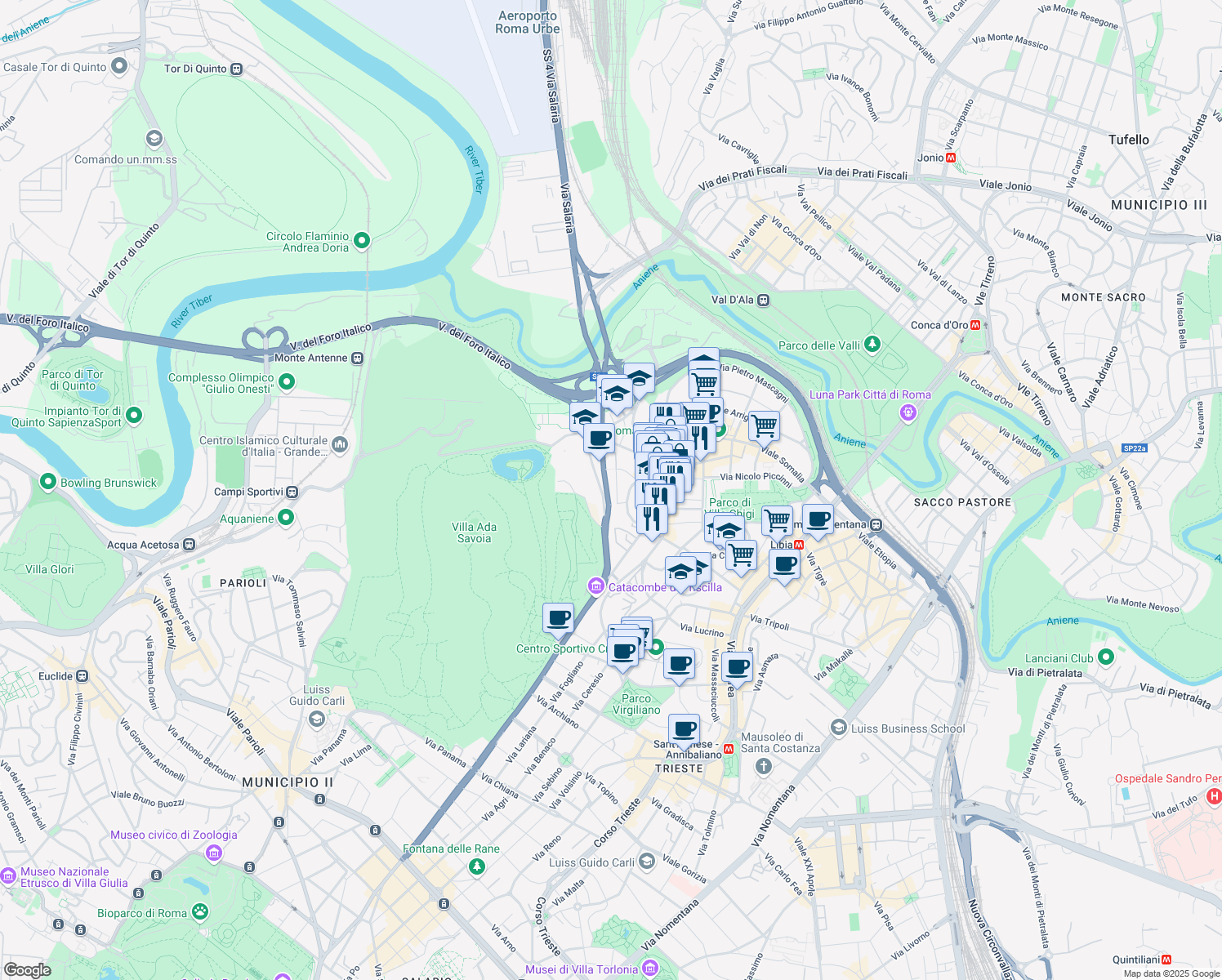 map of restaurants, bars, coffee shops, grocery stores, and more near 21 Via Nerola in Roma