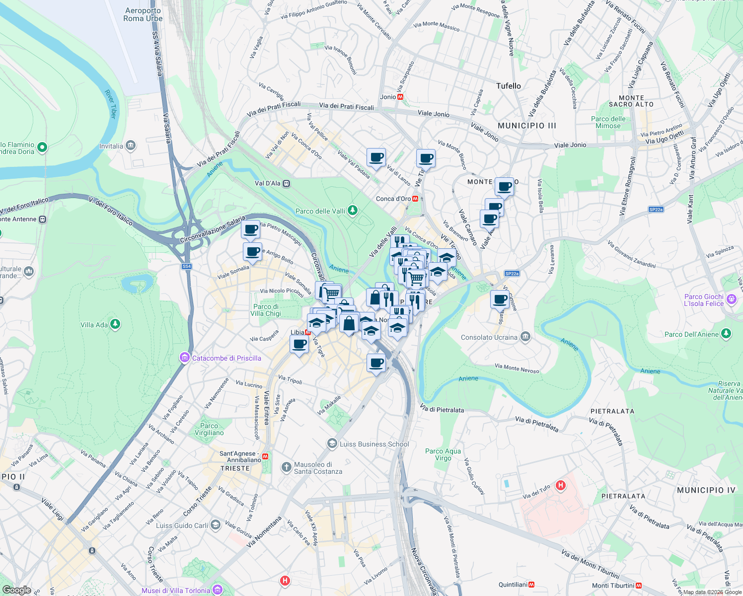 map of restaurants, bars, coffee shops, grocery stores, and more near 65 Via dei Campi Flegrei in Roma