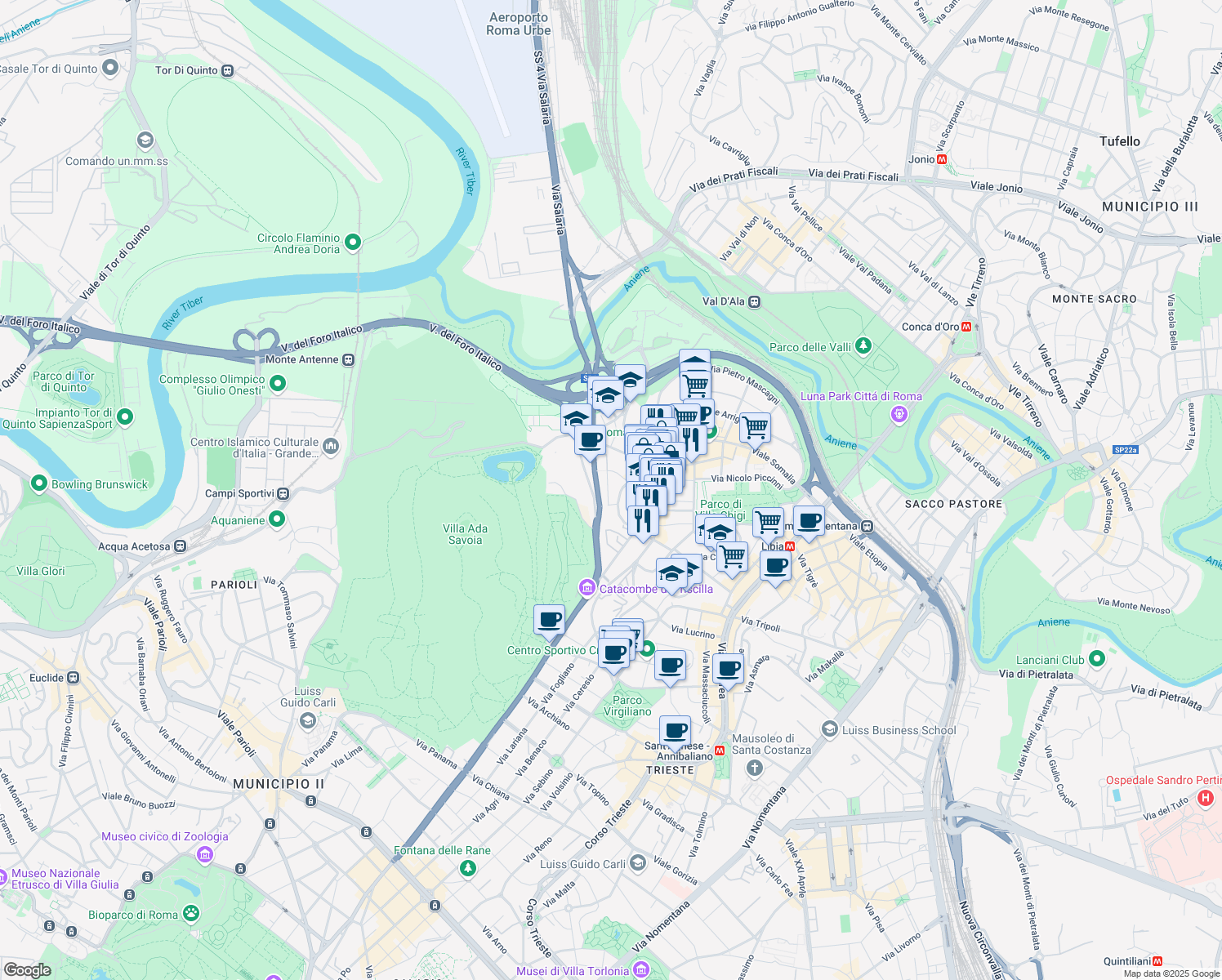 map of restaurants, bars, coffee shops, grocery stores, and more near 21 Via Nerola in Roma