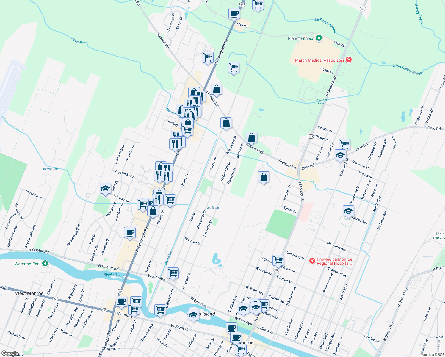map of restaurants, bars, coffee shops, grocery stores, and more near 1117 McCormick Drive in Monroe