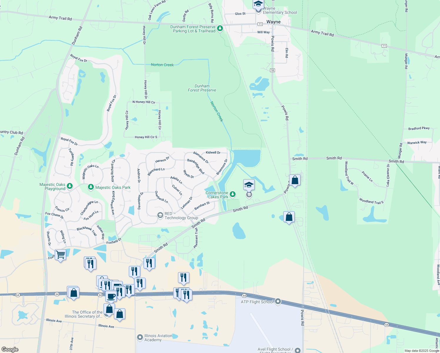 map of restaurants, bars, coffee shops, grocery stores, and more near 2947 Braemore Drive in West Chicago